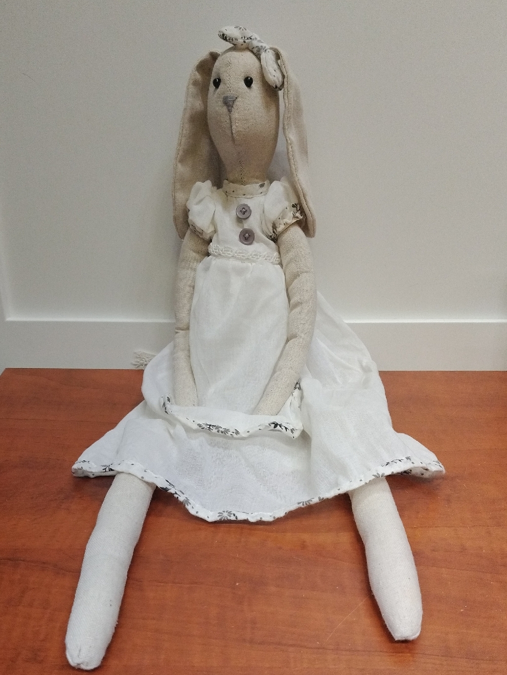 Handmade Canvas Bunny Doll in White Dress - Sits On Her Own
